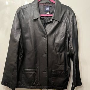 GAP Black leather button front Jacket Size XL.